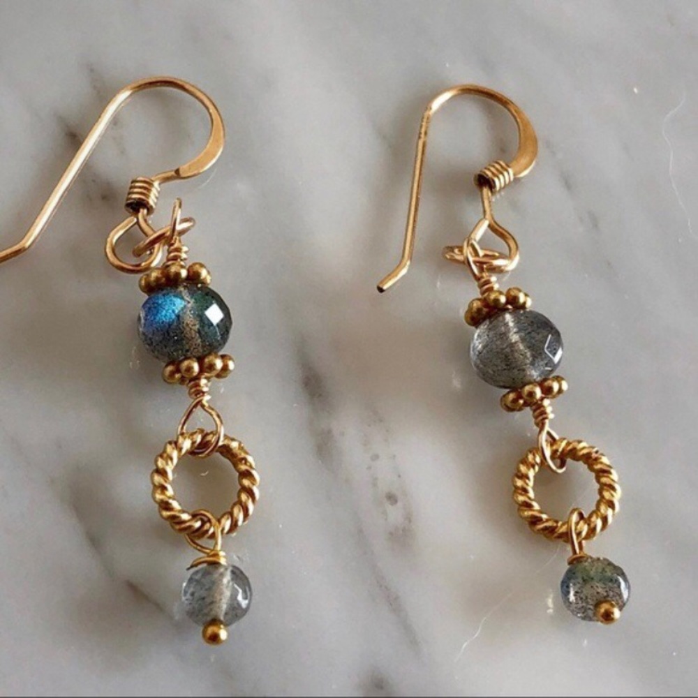 New Genuine Natural Blue Fire Grey Labradorite Gold Filled Earrings